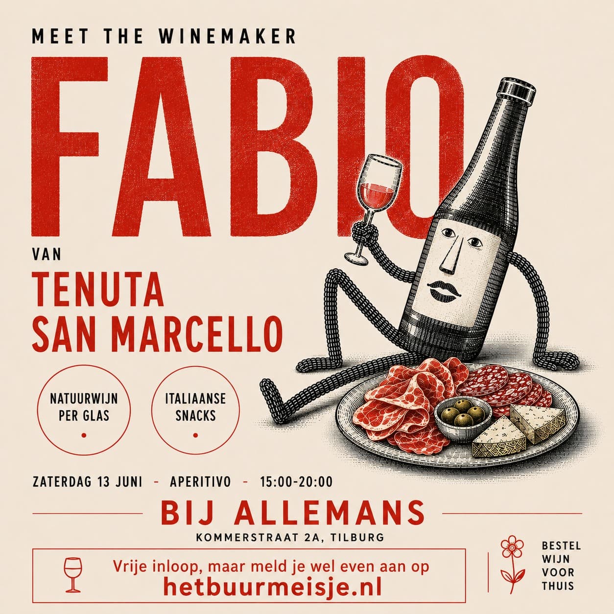 Poster van het 'Meet the Winemaker Fabio'-event: zaterdag 13 juni, aperitivo 15:00–20:00 bij Allemans, Kommerstraat 2a, Tilburg — natuurwijn per glas en Italiaanse snacks van Tenuta San Marcello.